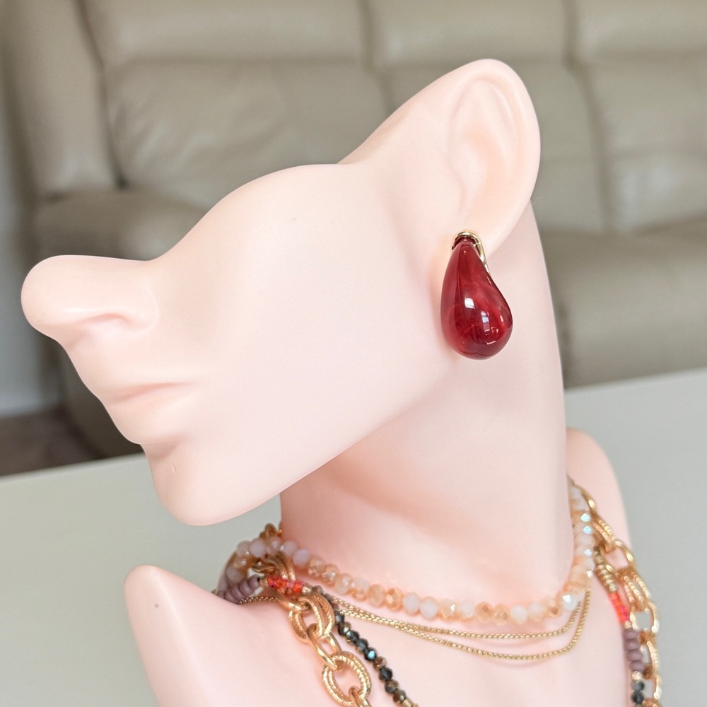 Gold Red Teardrop Drop Earrings - Women Jewelry